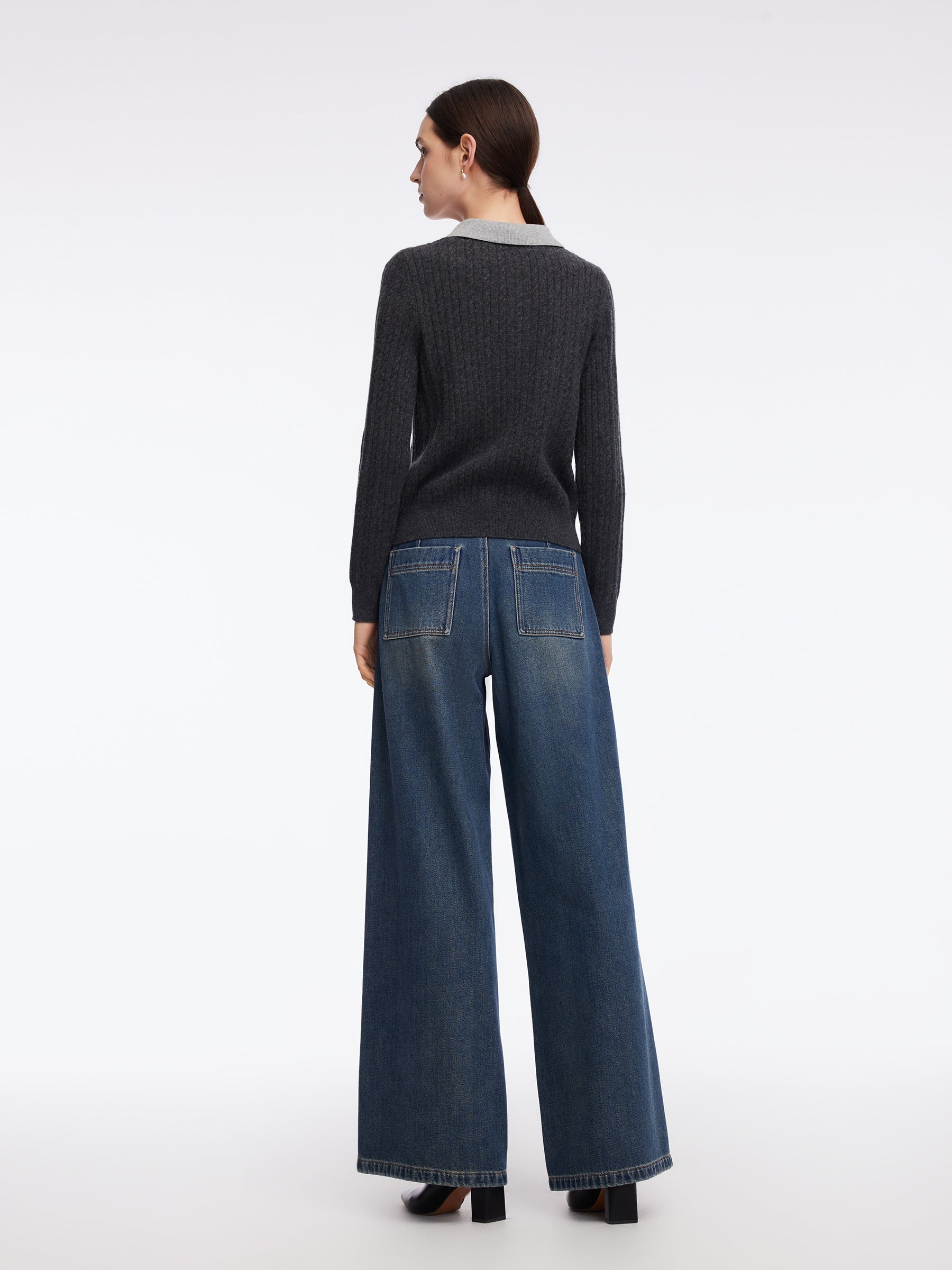 100% Wool Faux Two-Piece Lapel Women Knit Top