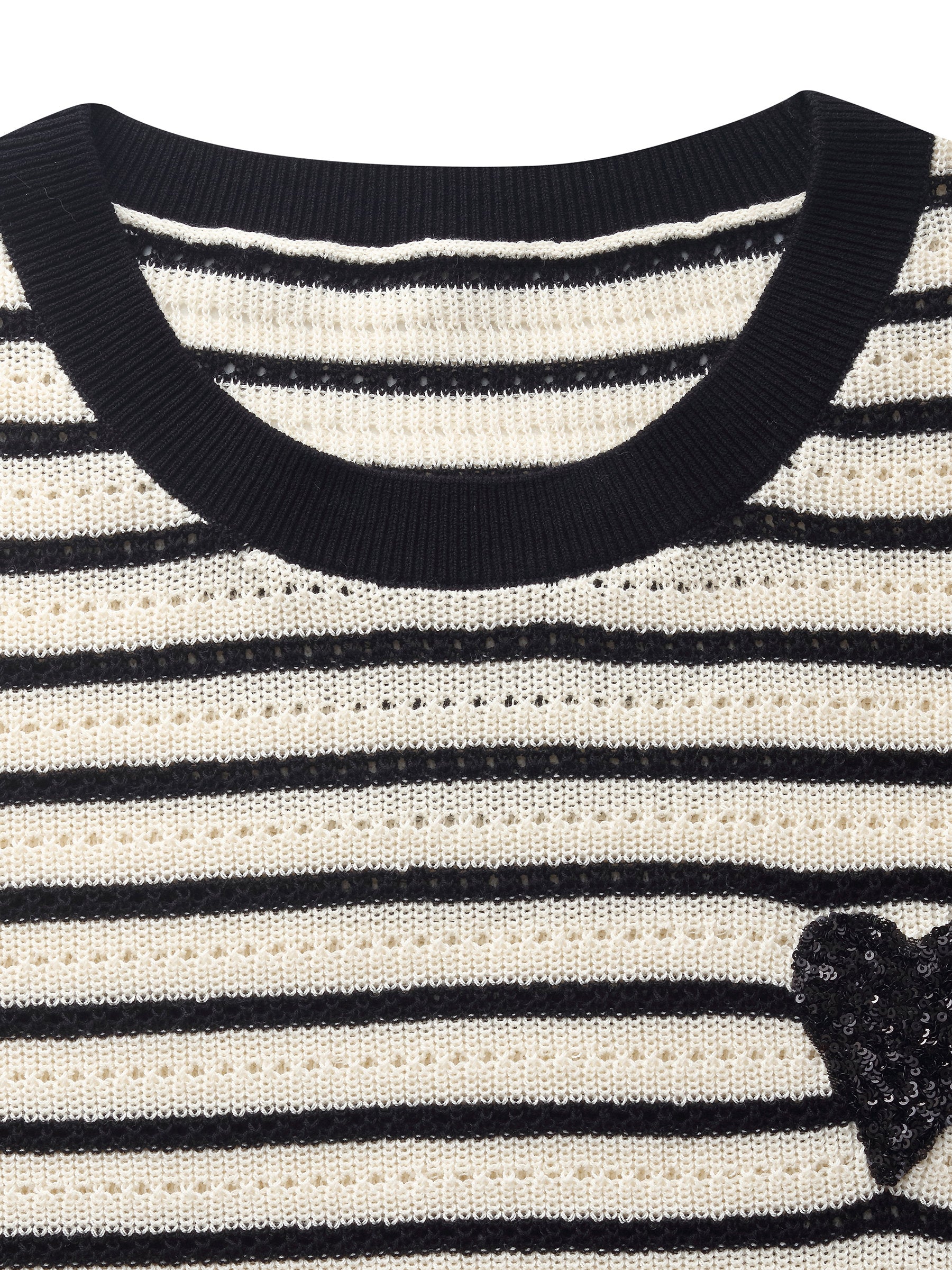 100% Cotton Stripe Women Openwork Knit T-Shirt