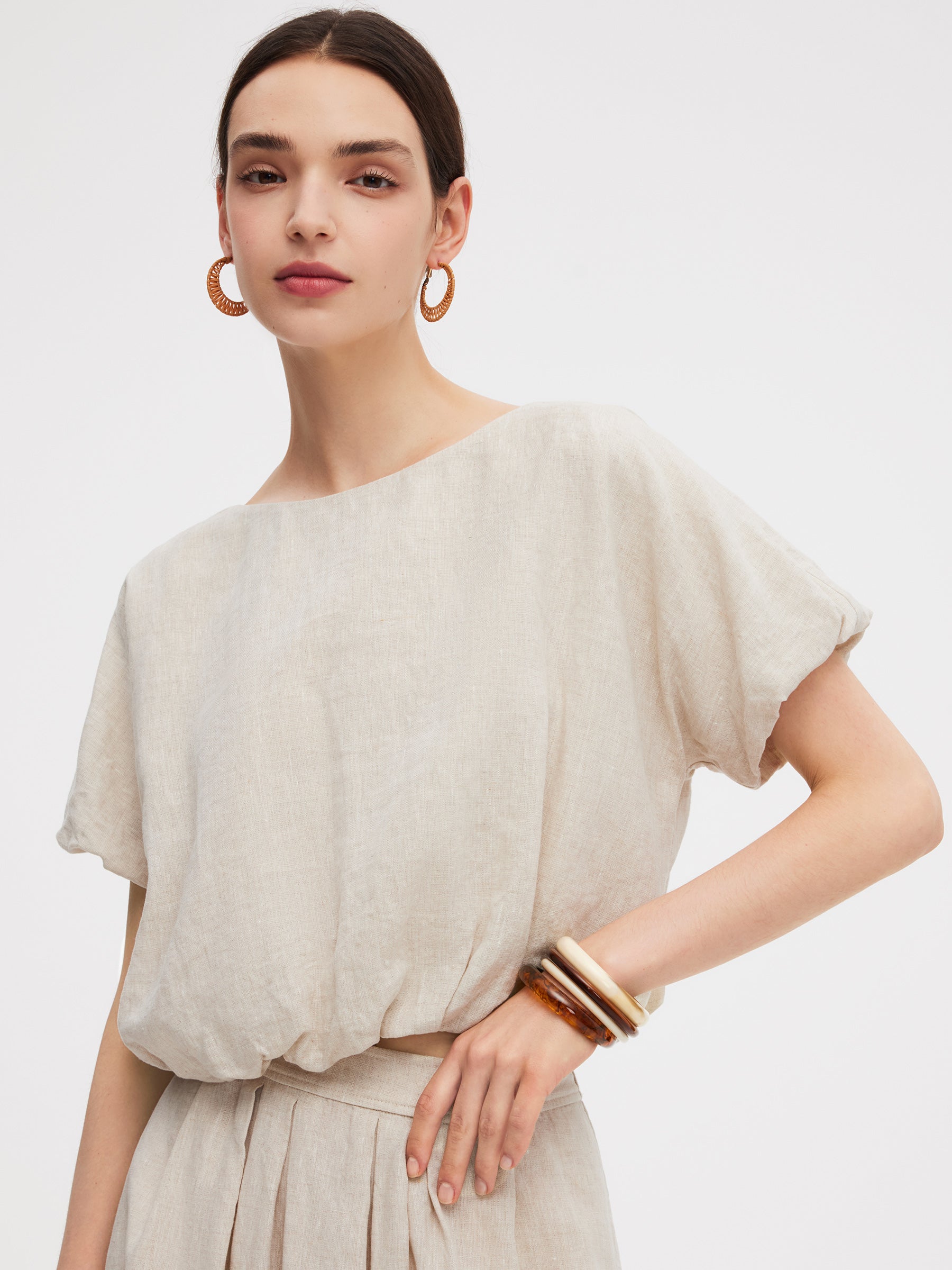 100% Linen Women Bud Sleeve Top