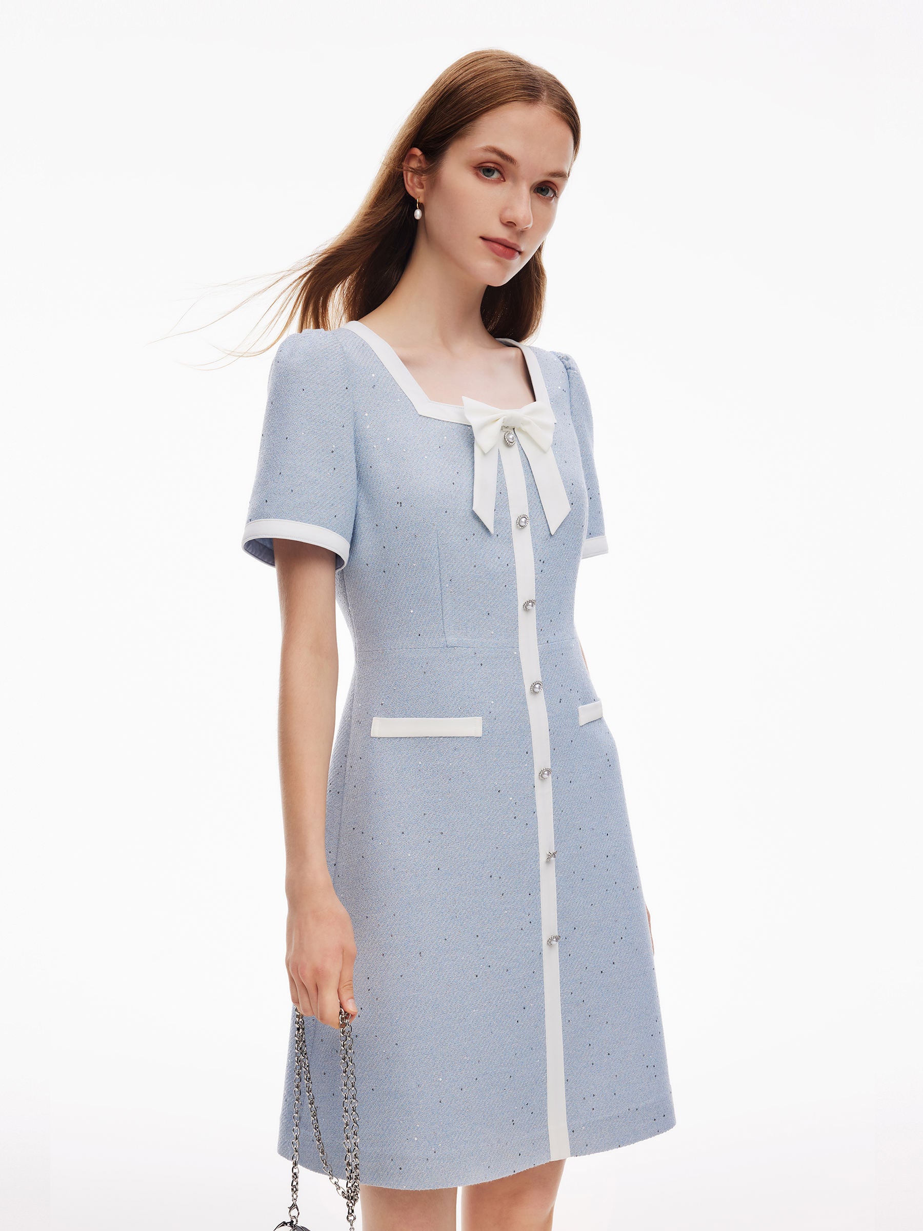 Acetate Blend Sequins Tweed Contrast Trim Women Mini Dress