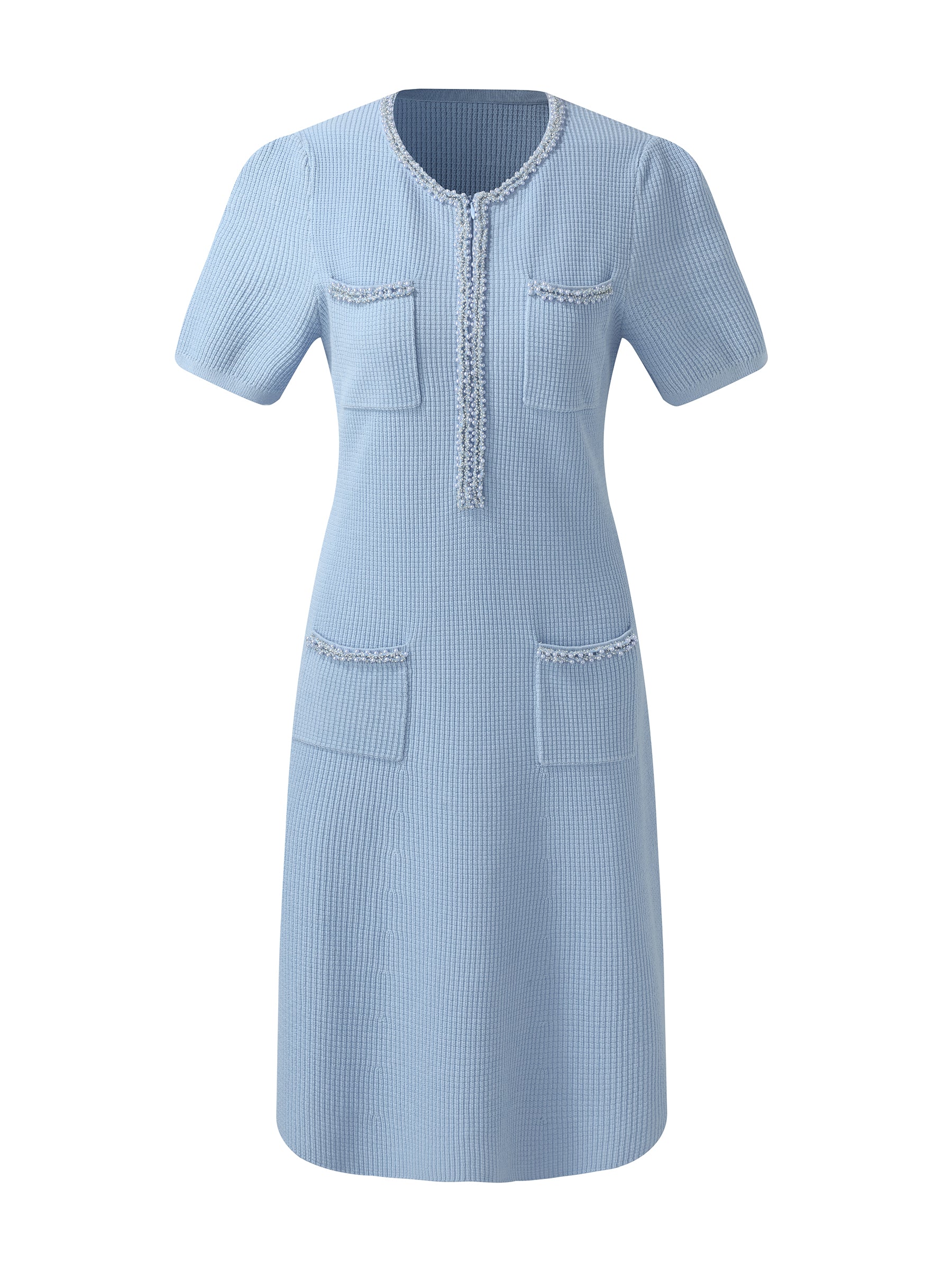 100% Cotton Half-Zip Women Beaded Round Neck Mini Dress