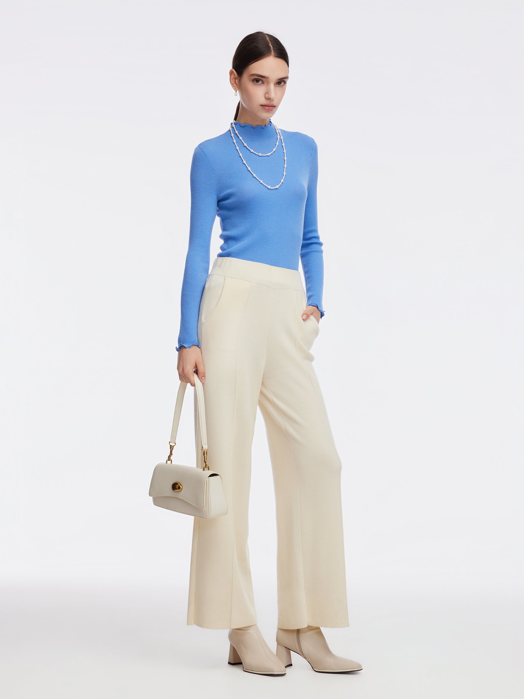 100% Machine Washable Wool Ruffle Mock Neck Women Knit Top