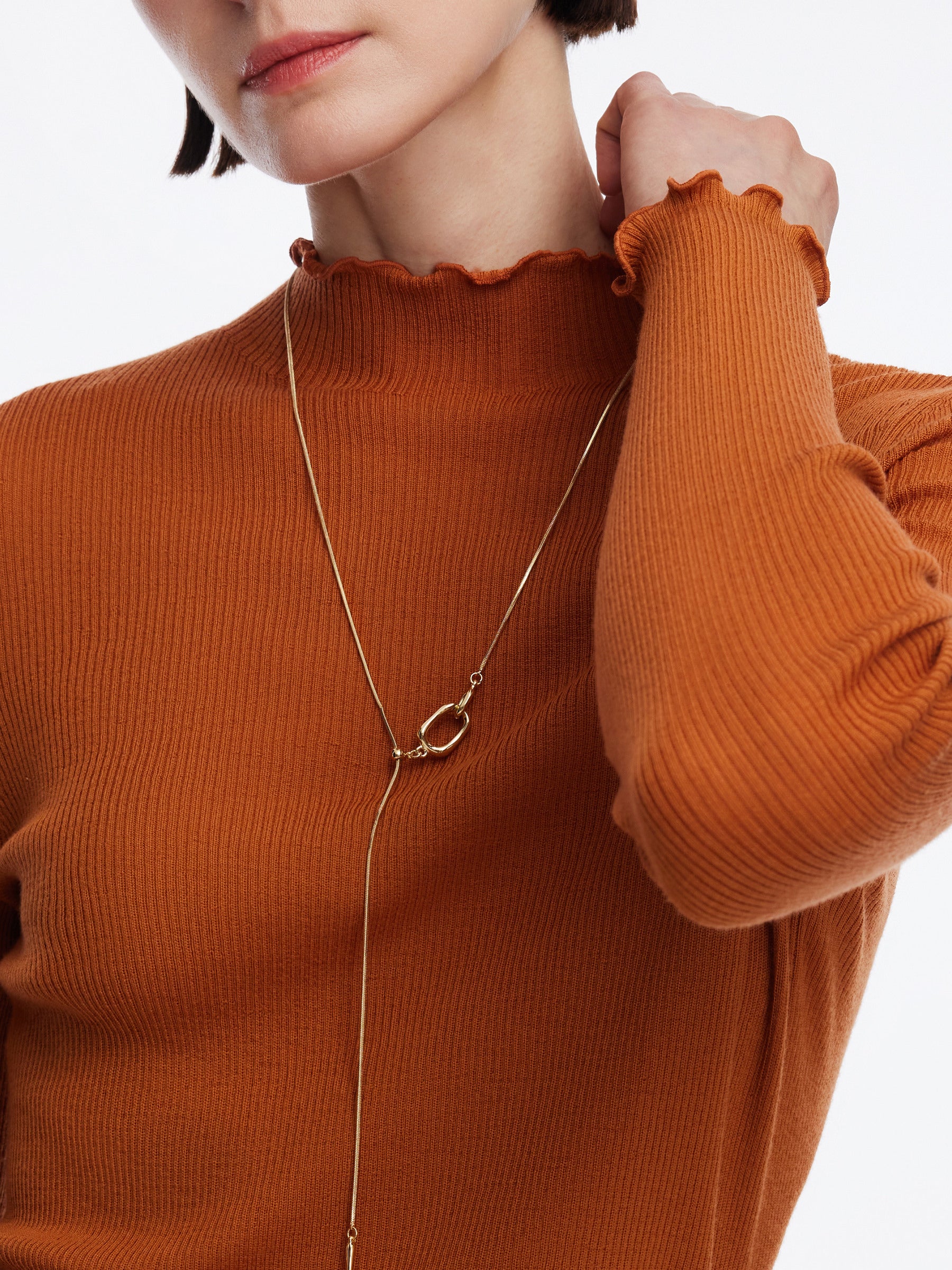 100% Machine Washable Wool Ruffle Mock Neck Women Knit Top