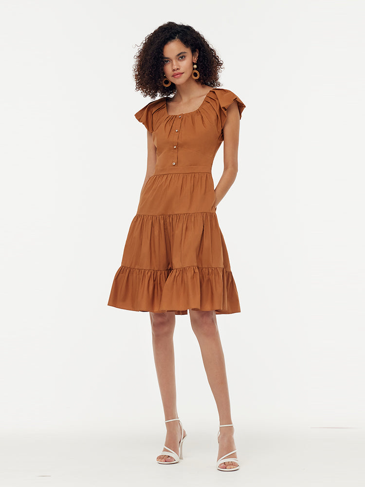 100% Cotton Ruffle Sleeve Gathered Waist Women Mini Dress