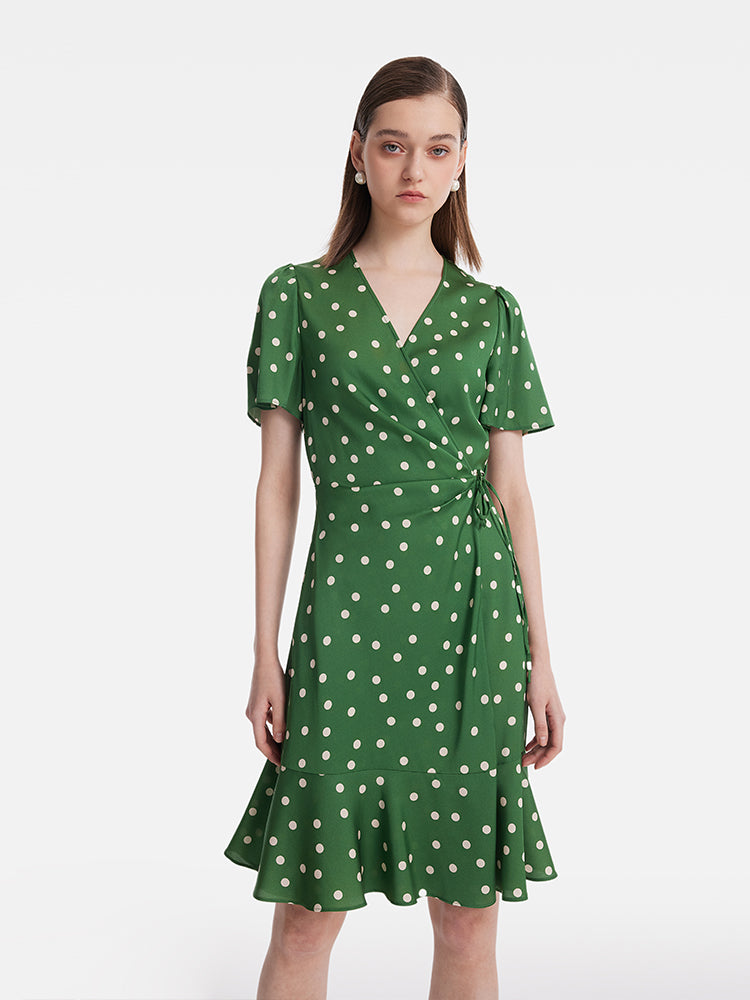 19 Momme Mulberry Silk Polka Dots Print Ruffle Women Mini Dress With Scrunchie