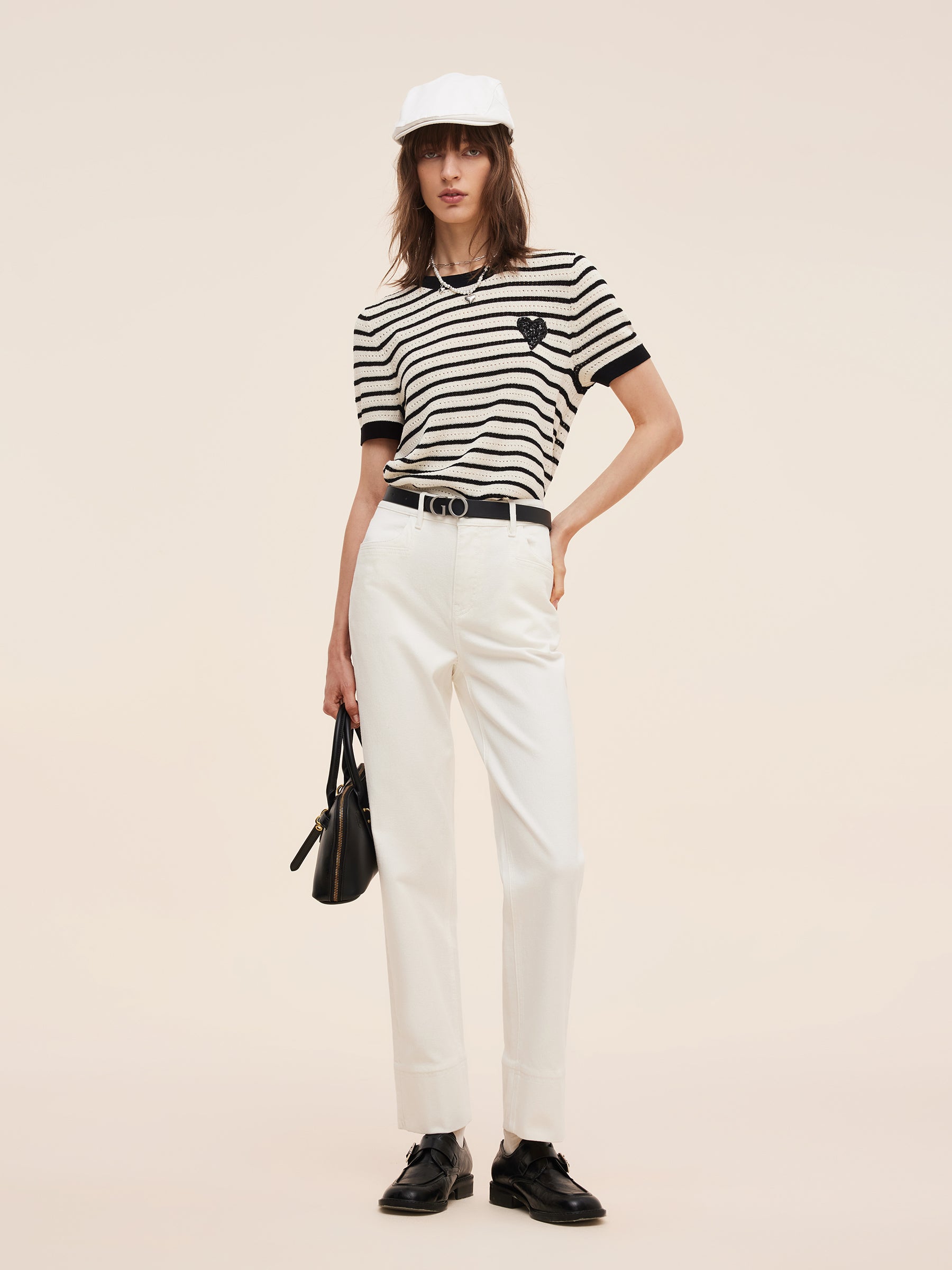 100% Cotton Stripe Women Openwork Knit T-Shirt