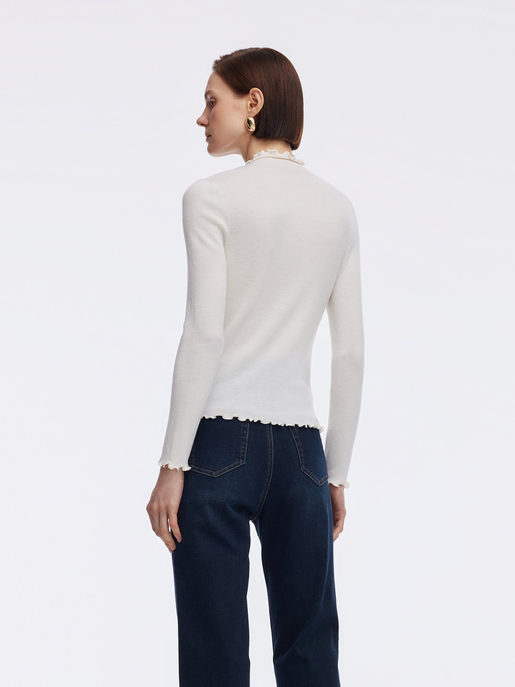 100% Machine Washable Wool Ruffle Mock Neck Women Knit Top