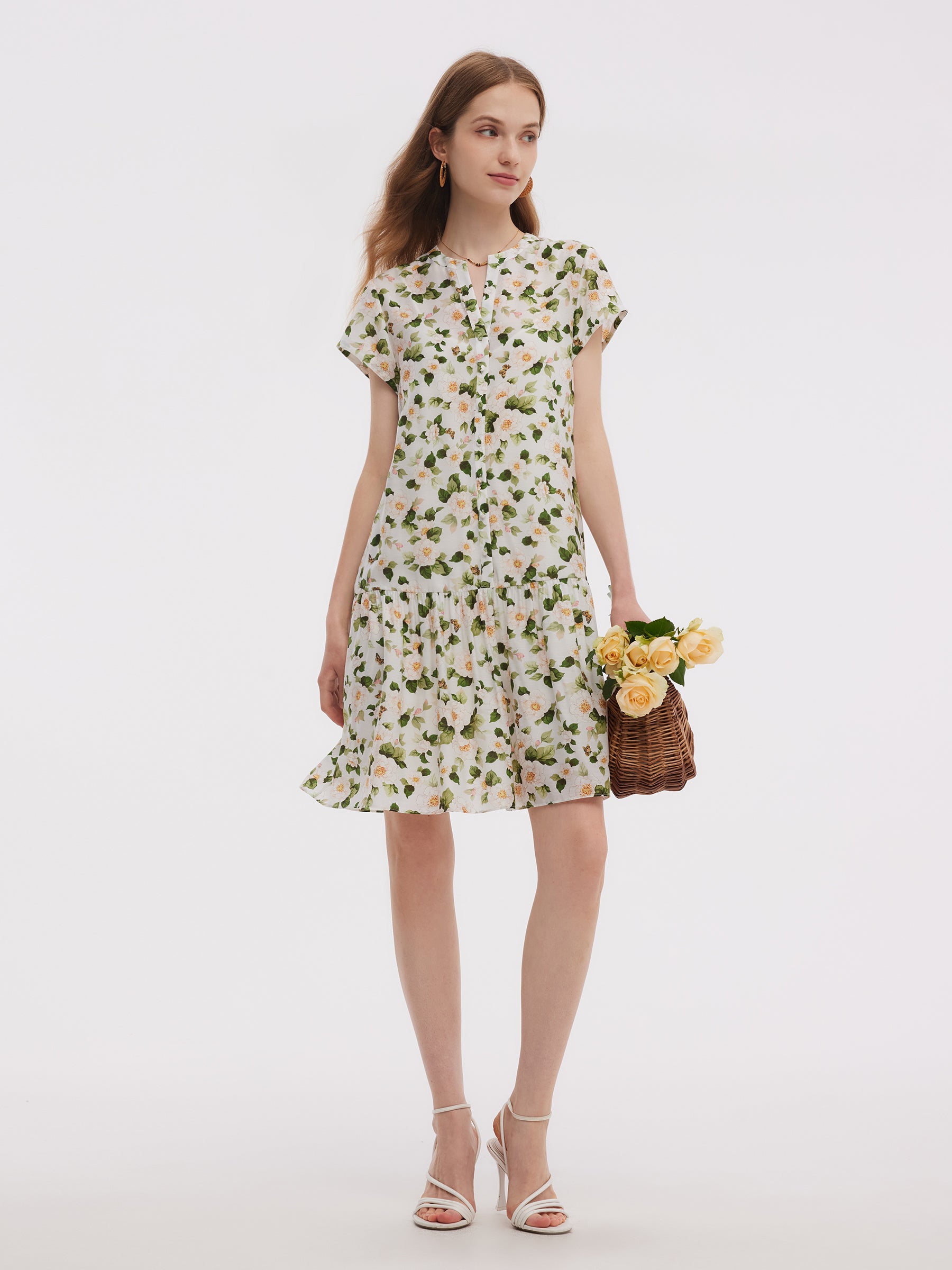 Acetate Blend Floral Print Ruffle Hem Women Mini Dress With Slip Dress