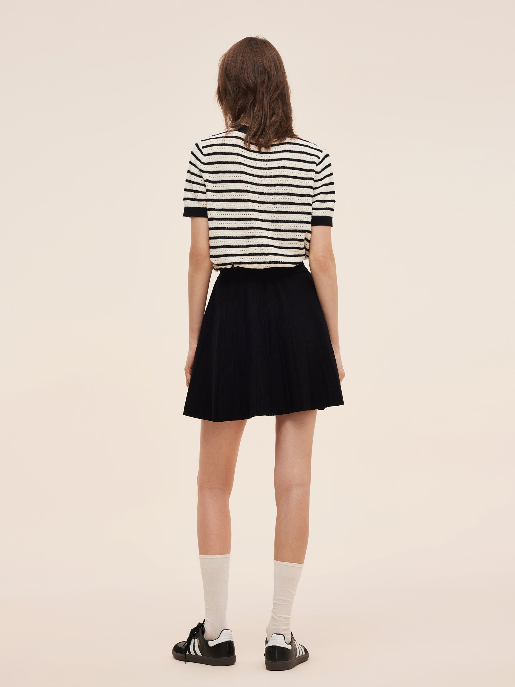 100% Cotton Stripe Women Openwork Knit T-Shirt