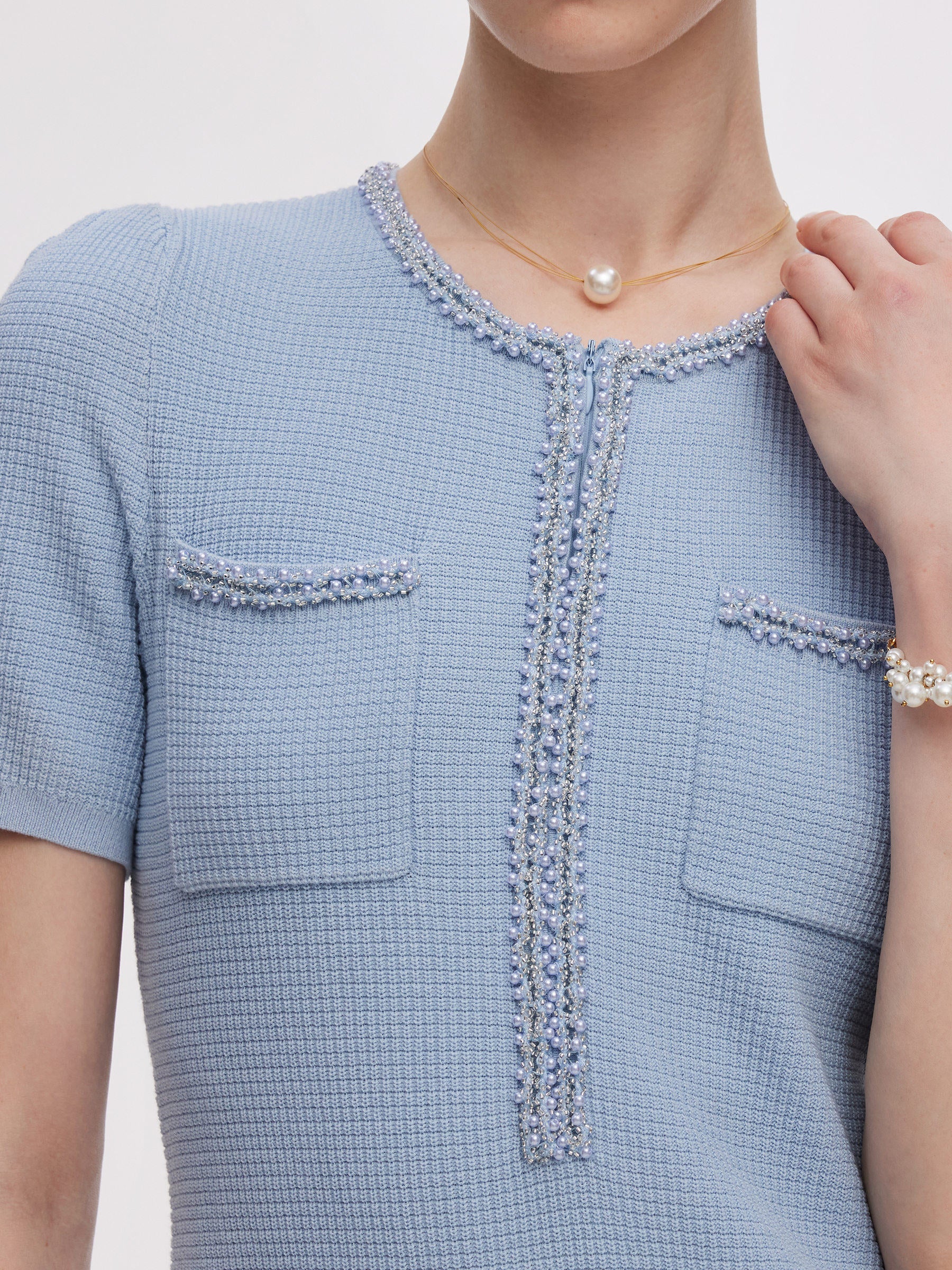 100% Cotton Half-Zip Women Beaded Round Neck Mini Dress