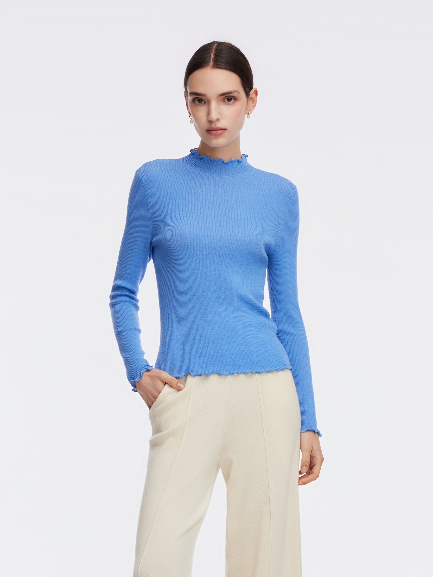 100% Machine Washable Wool Ruffle Mock Neck Women Knit Top