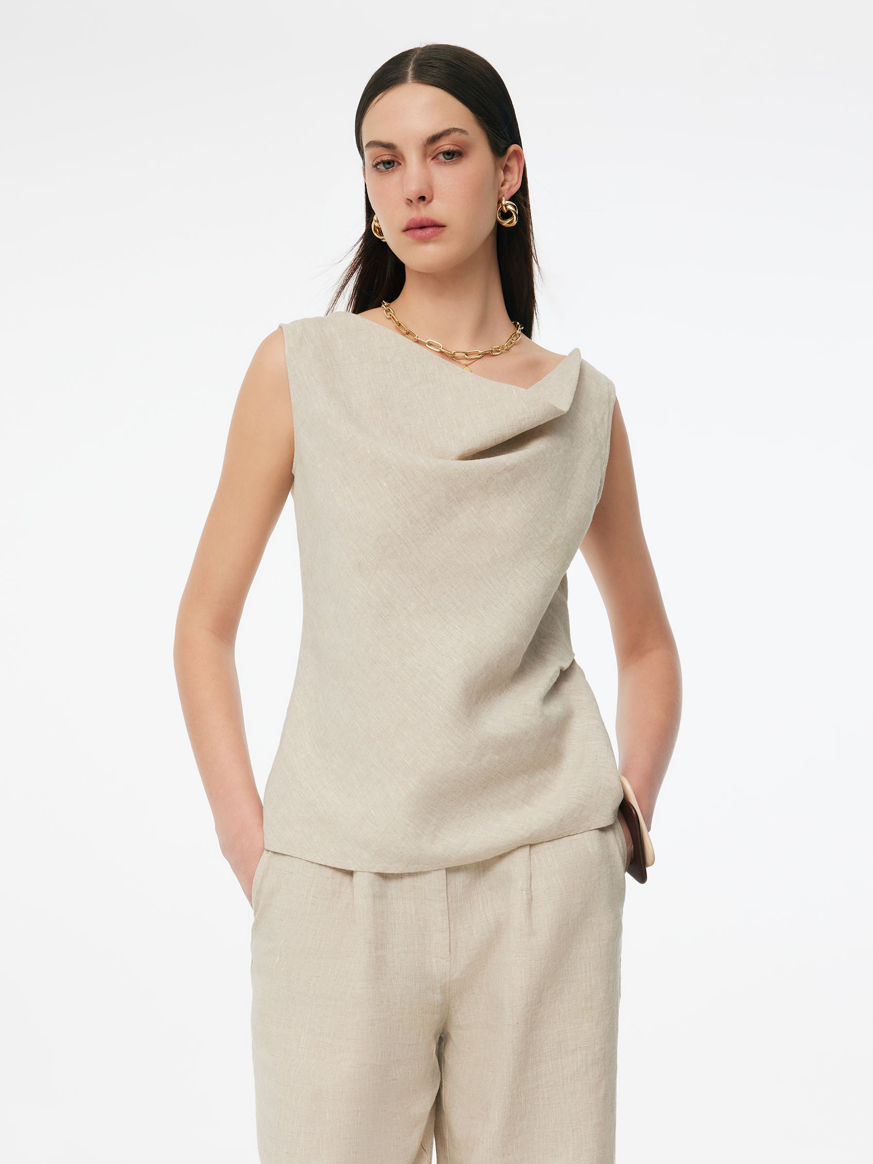 100% Linen Cowl Neck Women Tank Top