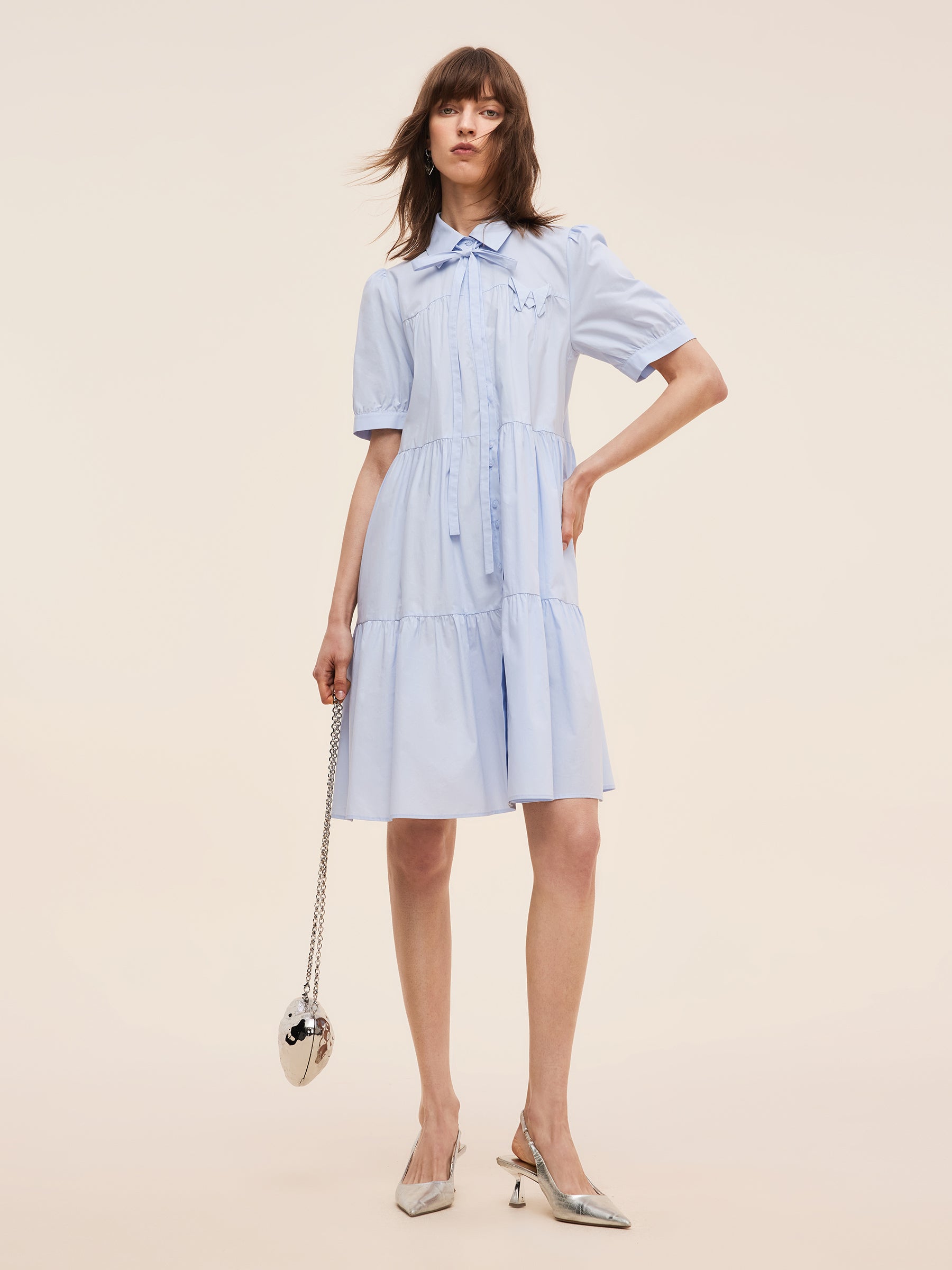 100% Cotton Women Puff Sleeve Mini Dress With Ribbon