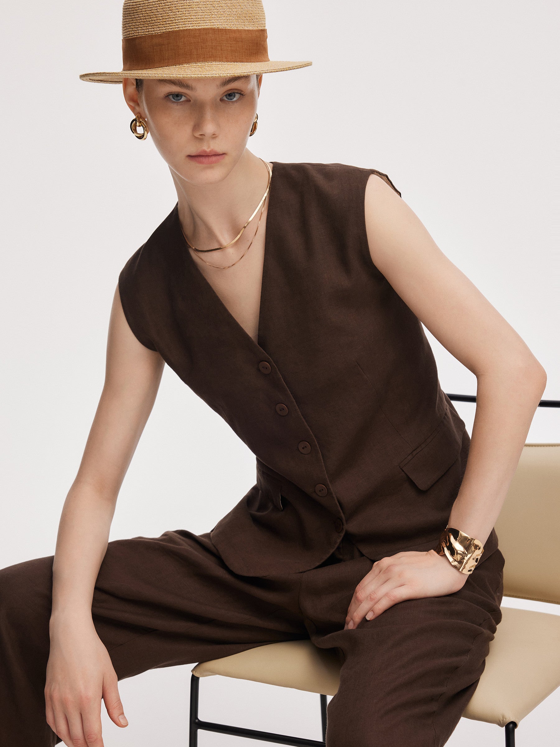 100% Linen Women V-Neck Vest