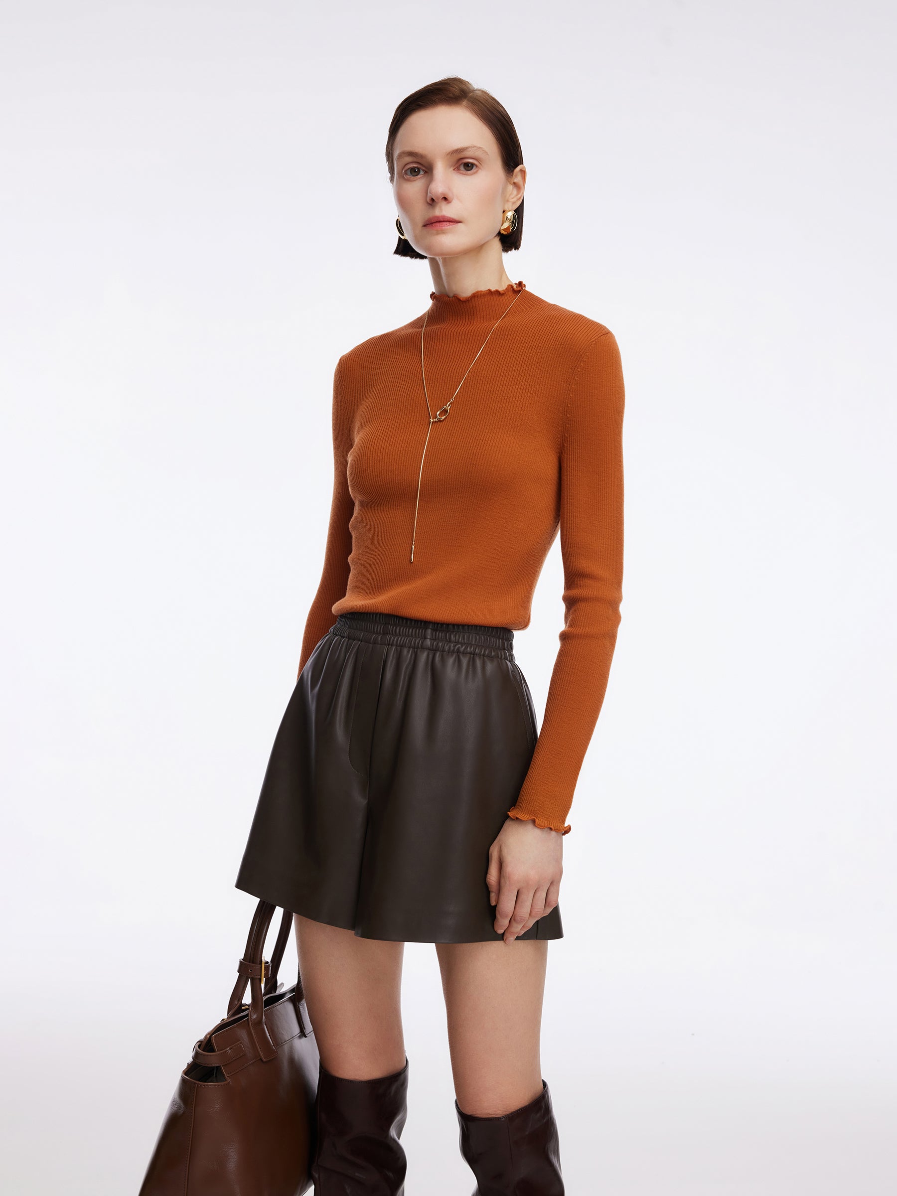 100% Machine Washable Wool Ruffle Mock Neck Women Knit Top