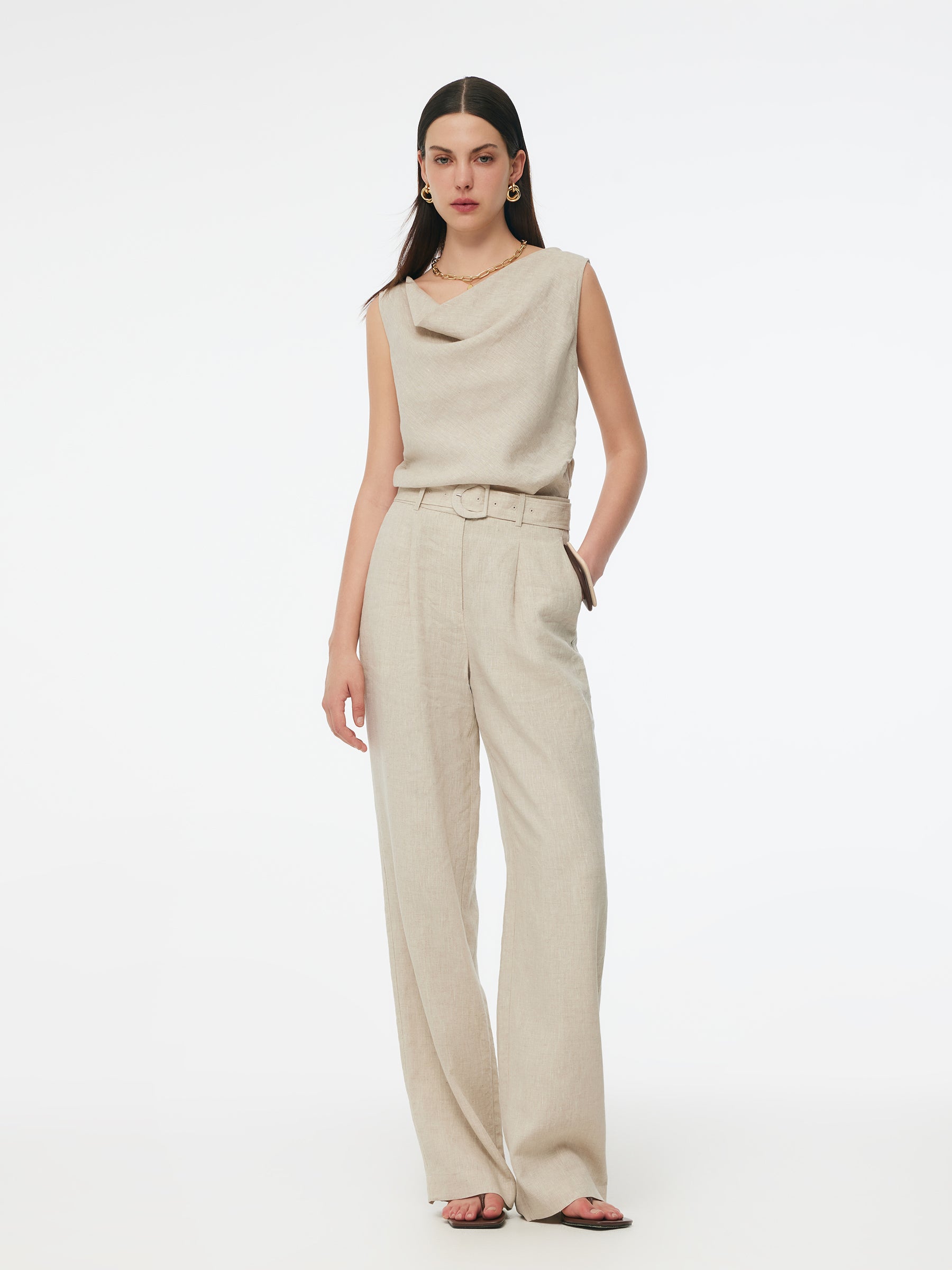 100% Linen Cowl Neck Women Tank Top