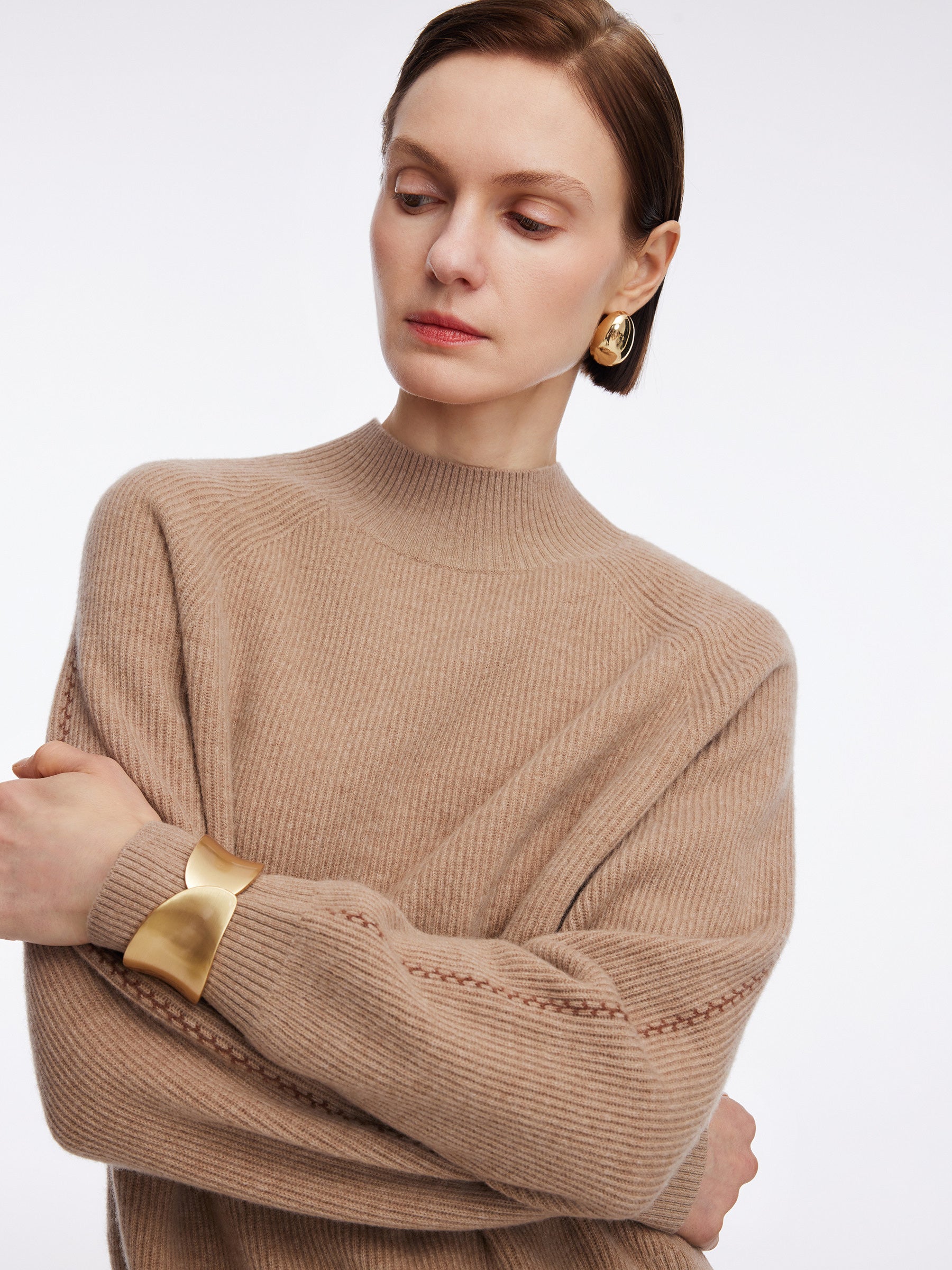 100% Wool Stitch Trim Women Knit Top