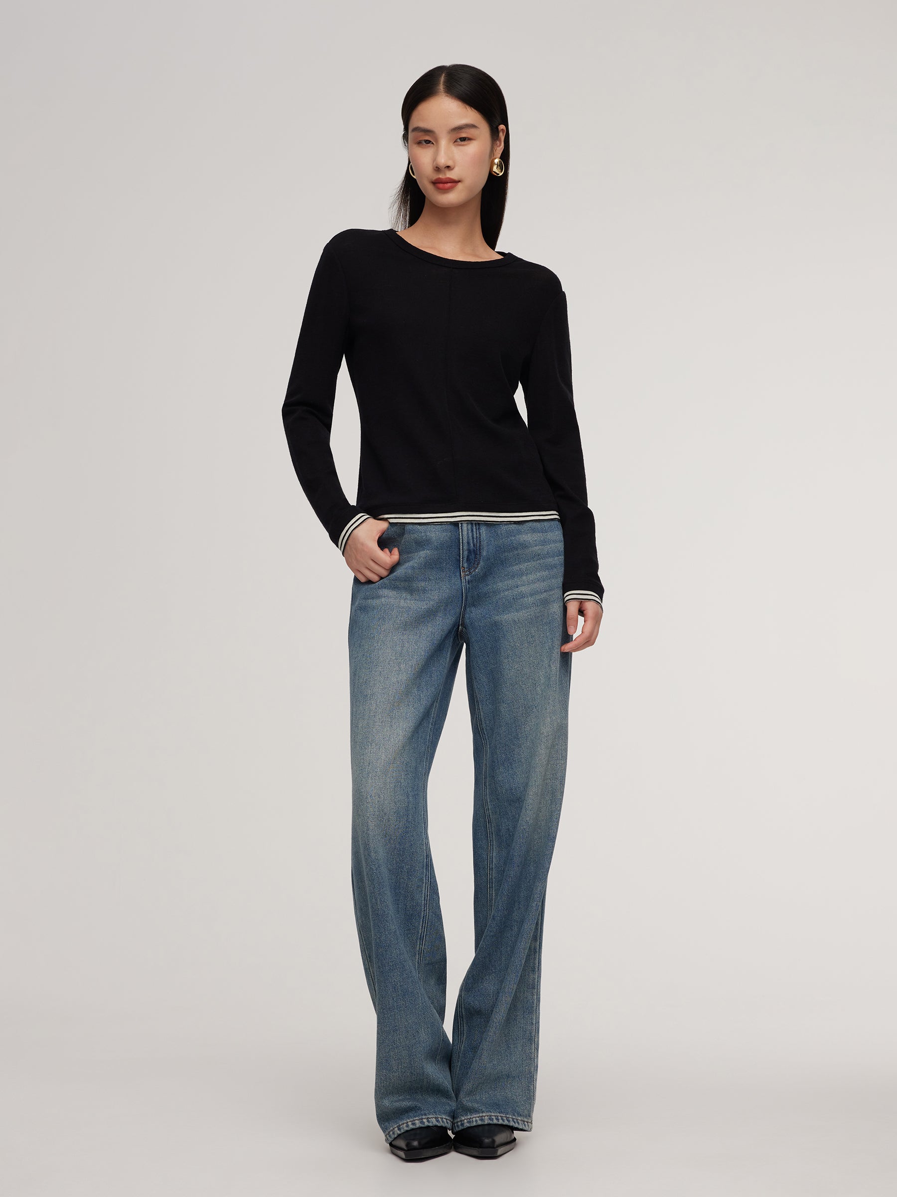 100% Wool Faux Two-Piece Women Knit Top