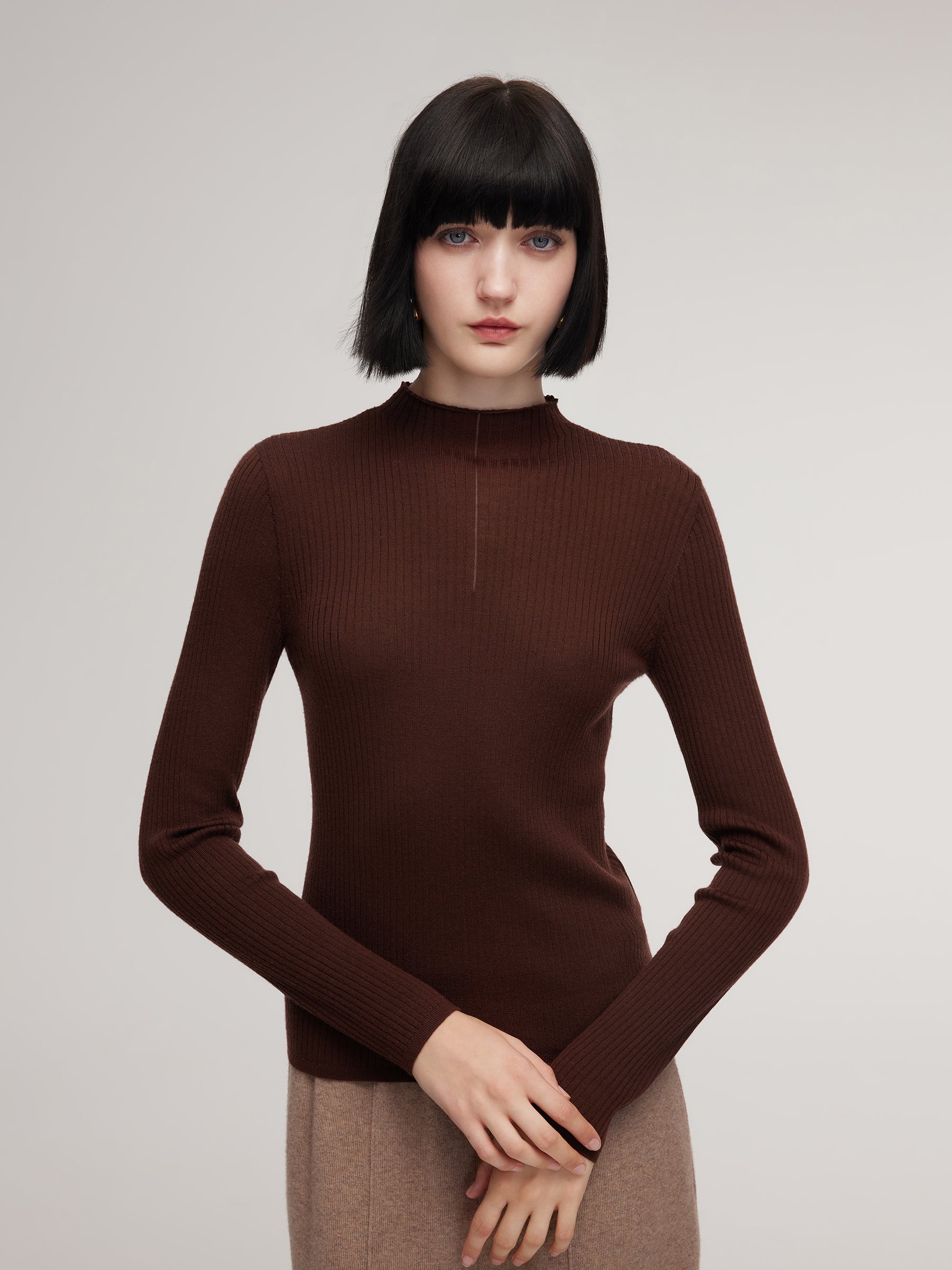 100% Washable Wool Mock Neck Women Knit Top