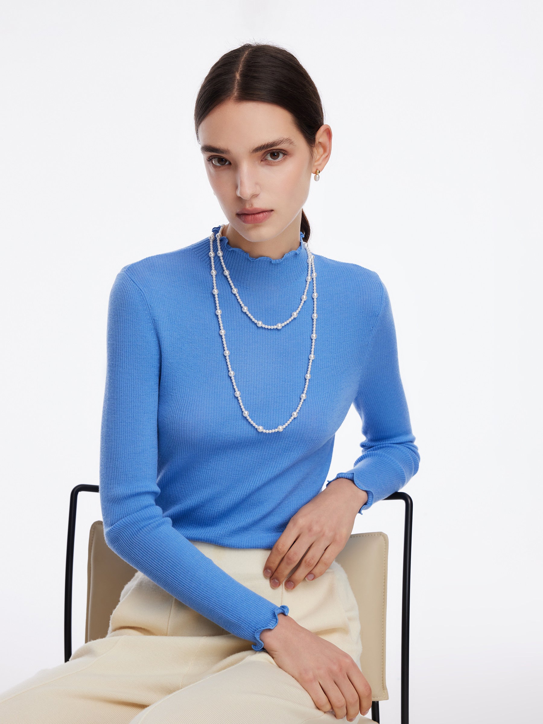 100% Machine Washable Wool Ruffle Mock Neck Women Knit Top